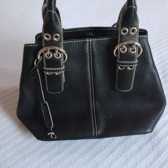 Bandolino Handbags - Black Pebbled Leather/PVC Top Handle Handbag Buckle Contrast Stitch Retro Y2K